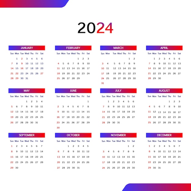 Vector plantilla de calendario en inglés para 2024 para organizar horarios de eventos