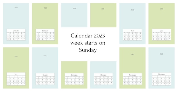 Plantilla de calendario en inglés Diseño de cuadrícula horizontal vectorial 2023