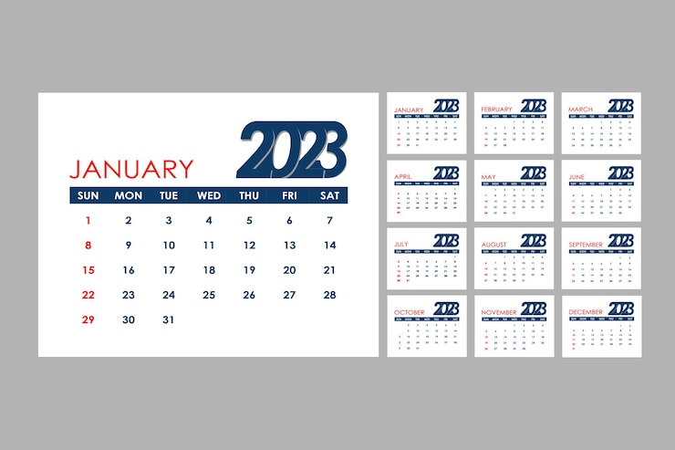 plantilla de calendario inglés de estilo empresarial simple 2023 en azul oscuro y rojo el día comienza un domingo