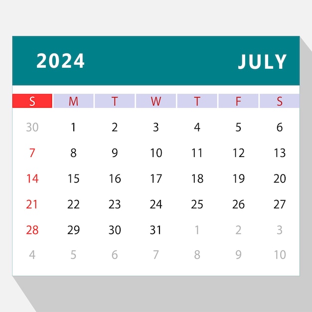 Plantilla de calendario de julio de 2024 diseño vectorial