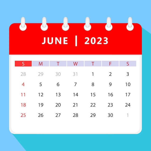 Plantilla de calendario de junio de 2023. Diseño vectorial.