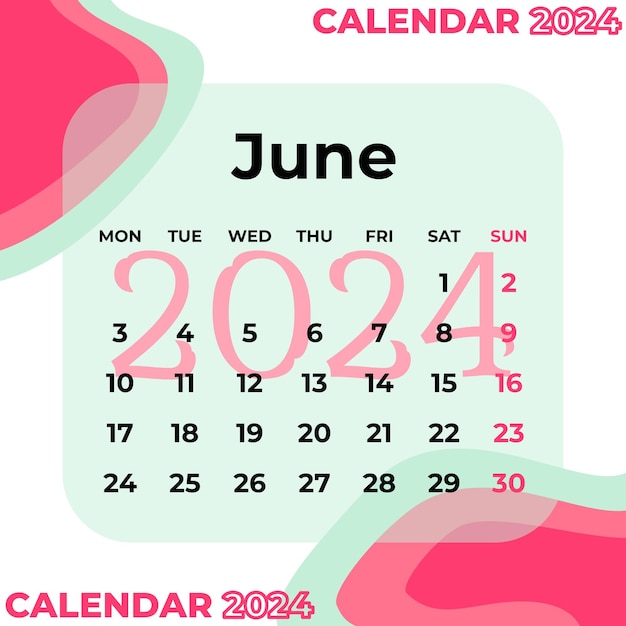 Plantilla de calendario junio de 2024 diseño de ilustración vectorial verde rosa