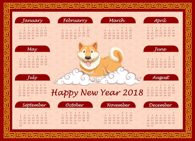 Vector plantilla de calendario con lindo perro en las nubes