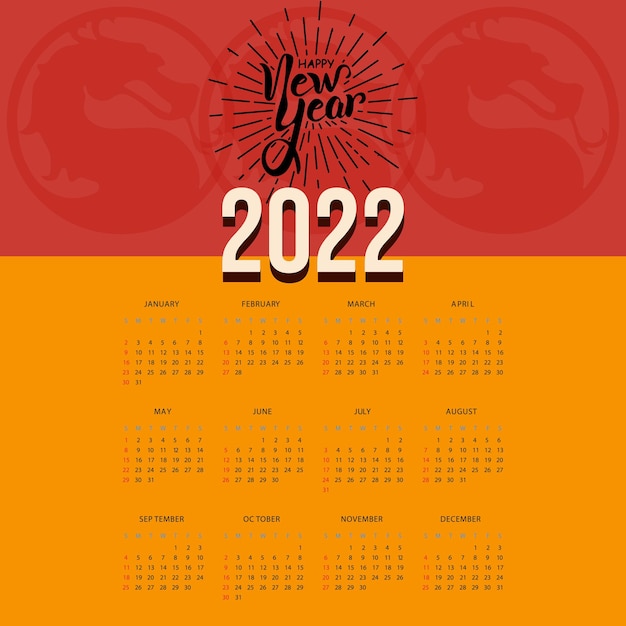 Plantilla de calendario mensual para el año 2022.