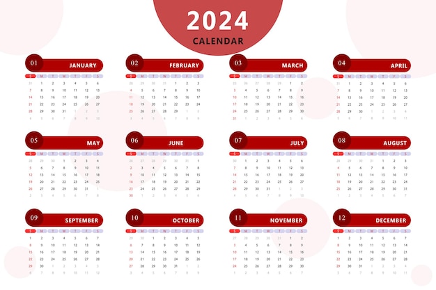 Plantilla de calendario mensual del año 2024 Diseño vectorial