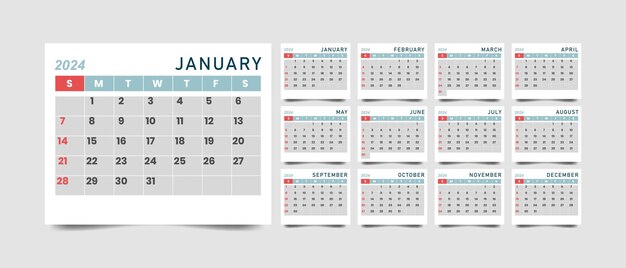 plantilla de calendario mensual para el año 2024 con estilo minimalista
