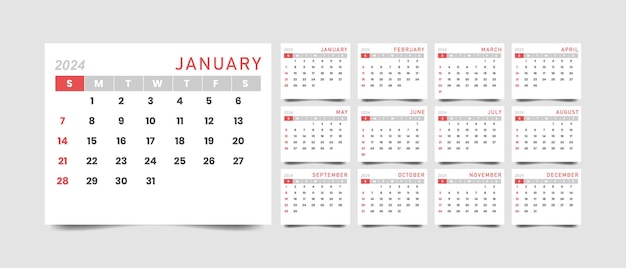 plantilla de calendario mensual para el año 2024 con estilo minimalista