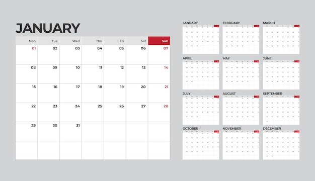 Vector plantilla de calendario mensual de escritorio para el año 2024 para empresas en un estilo minimalista