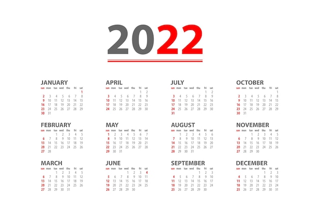 Plantilla de calendario mensual de escritorio anual rojo para el año 2022