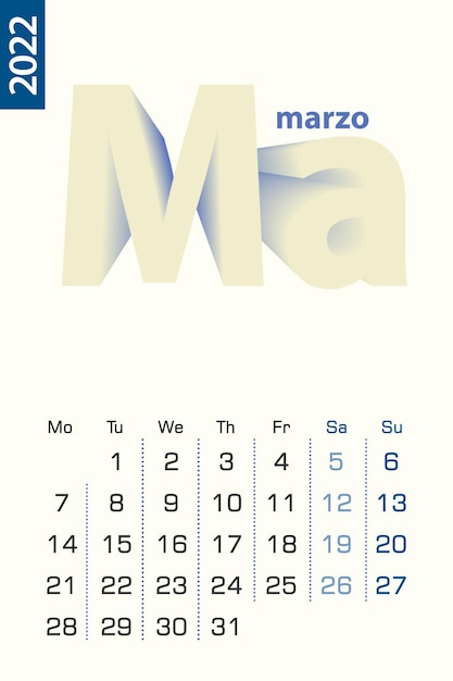 Plantilla de calendario minimalista para marzo de 2022, calendario vectorial en idioma español.