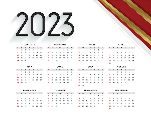 Plantilla de calendario moderno 2023 con líneas doradas