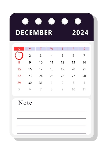 plantilla de calendario de notas de diciembre de 2024 Diseño vectorial