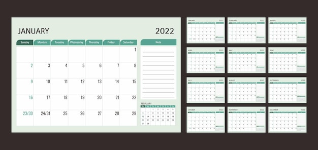 Plantilla de calendario o planificador 2022 12 meses con fondo verde