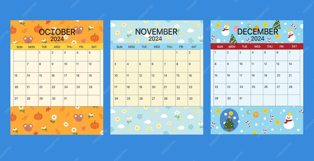 Plantilla de calendario de octubre, noviembre y diciembre de 2024 para