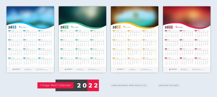 Plantilla de calendario de pared de 1 página 2022 con 4 diseños de variación de color