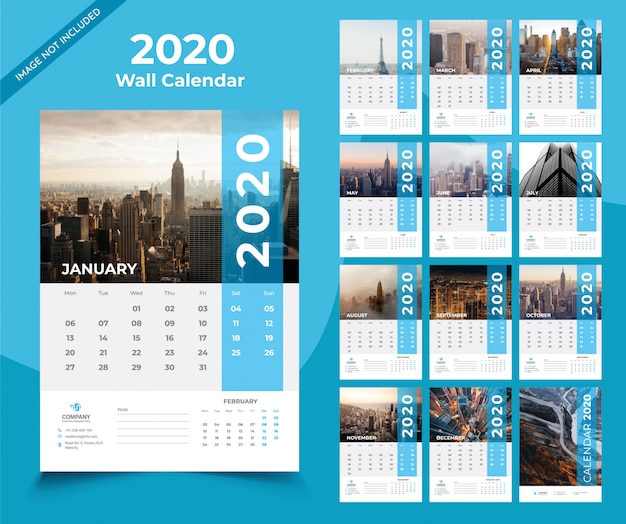 Plantilla de calendario de pared 2020