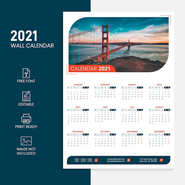 Plantilla de calendario de pared 2021