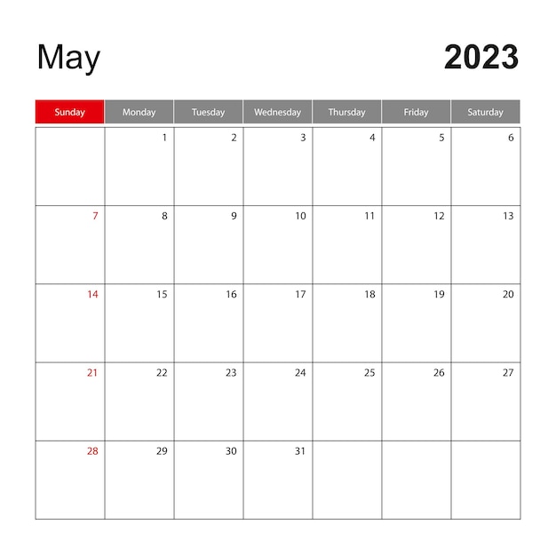 Vector plantilla de calendario de pared para mayo de 2023 la semana del planificador de vacaciones y eventos comienza el domingo