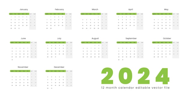 plantilla de calendario de pared de página completa de diseño vectorial editable calendario de 2024