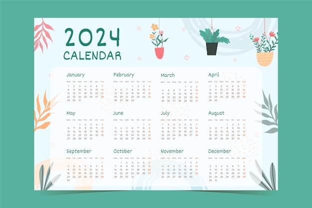 Plantilla de calendario plano 2024 con flores