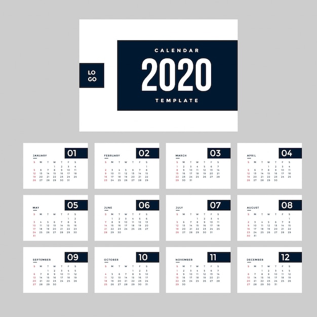 Vector plantilla calendario profesional minimalista 2020