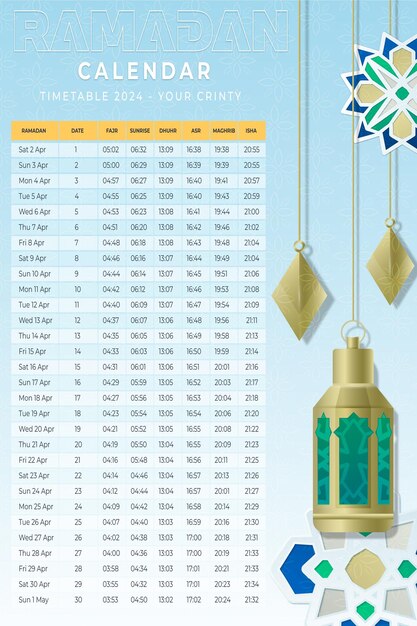 plantilla de calendario de Ramadán 2024 con gradiente vectorial