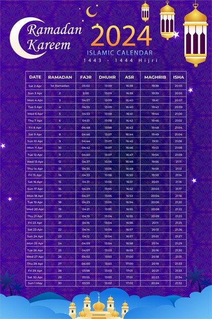 plantilla de calendario de Ramadán 2024 con gradiente vectorial