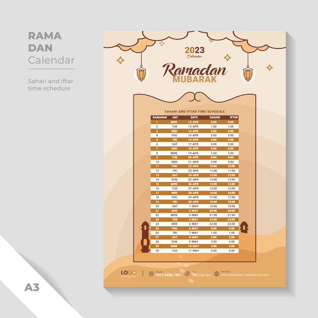 Plantilla de calendario de ramadán de color arena. plantilla de horario iftar de diseño único.