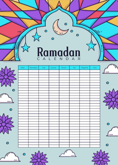 plantilla de calendario de Ramadán dibujada a mano