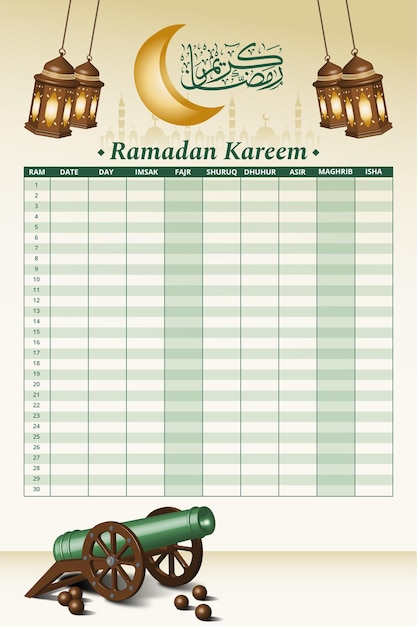 Plantilla de calendario de ramadán con linterna y cañón