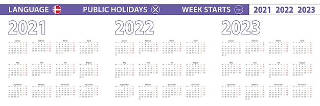 Plantilla de calendario simple en danés para 2021, 2022, 2023 años. la semana comienza a partir del lunes.