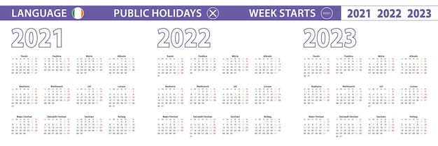 Plantilla de calendario simple en irlandés para 2021, 2022, 2023 años. la semana comienza a partir del lunes.