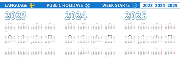 Plantilla de calendario simple en sueco para 2023 2024 2025 años La semana comienza el lunes