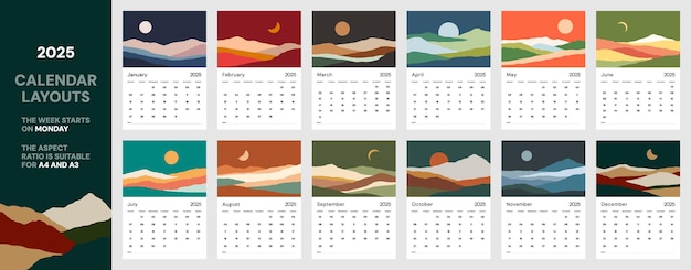plantilla de calendario vertical año 2025 adecuado para el formato A3 A4 A5 con paisaje de aventura de viaje ilustraciones coloridas en estilo plano diseño de calendario de pared con comienzo de semana lunes 12 meses incluido