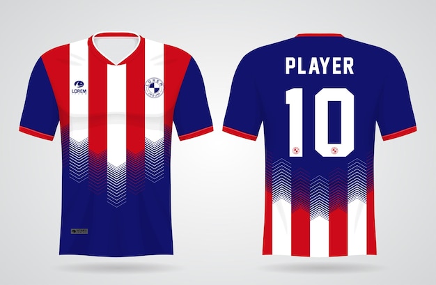 Plantilla de camiseta deportiva azul y roja para uniformes de equipos y diseño de camisetas de fútbol