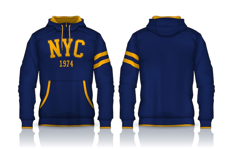 Vector plantilla de camisetas con capucha diseño de chaqueta, vista frontal y posterior de la pista de ropa deportiva.