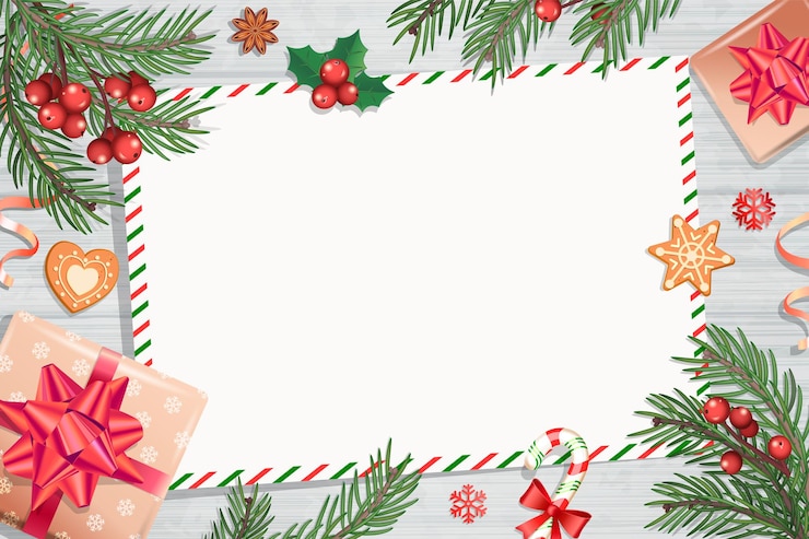 Vector plantilla de cartas de navidad y deseos sobre fondo de madera con decoraciones tradicionales-caja de regalo con lazo, bastón de caramelo, rama de abeto y pan de jengibre. lista de deseos para niños para las vacaciones.