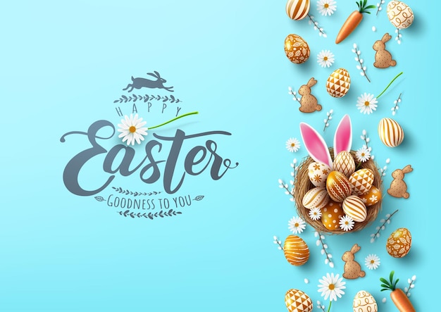 Plantilla de cartel y banner de Pascua con huevos de Pascua en el nido con oreja de conejo sobre fondo azul claro.