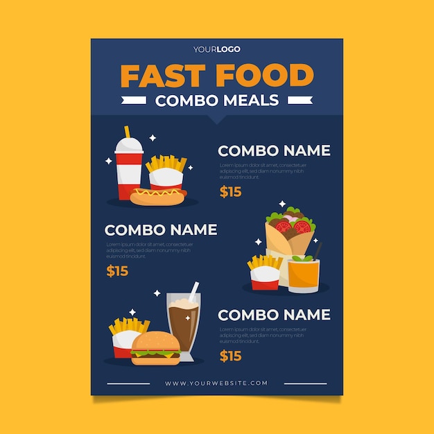 Vector plantilla de cartel de comida rápida de comidas combinadas