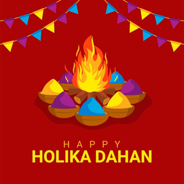 Plantilla de cartel feliz holika dahan sobre fondo rojo