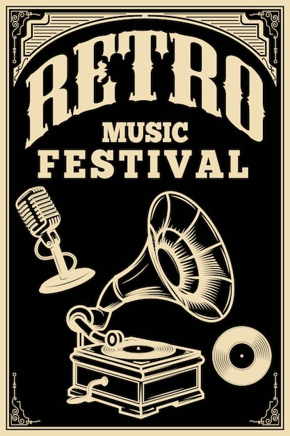 Plantilla de cartel de festival de música retro. micrófono vintage, gramófono de estilo antiguo sobre fondo oscuro. ilustración