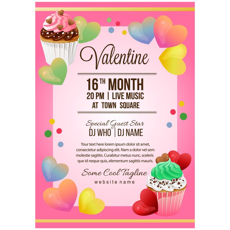 Plantilla de cartel de fiesta de San Valentín con pasteles de colores