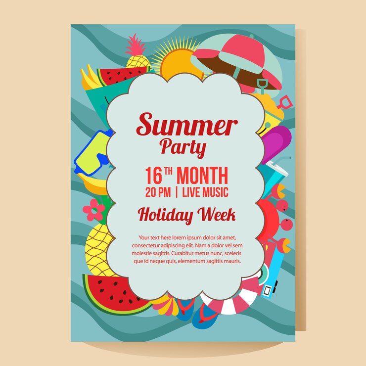 Plantilla de cartel de fiesta de vacaciones de verano con ilustración de vector de estilo plano de tema de frutas tropicales