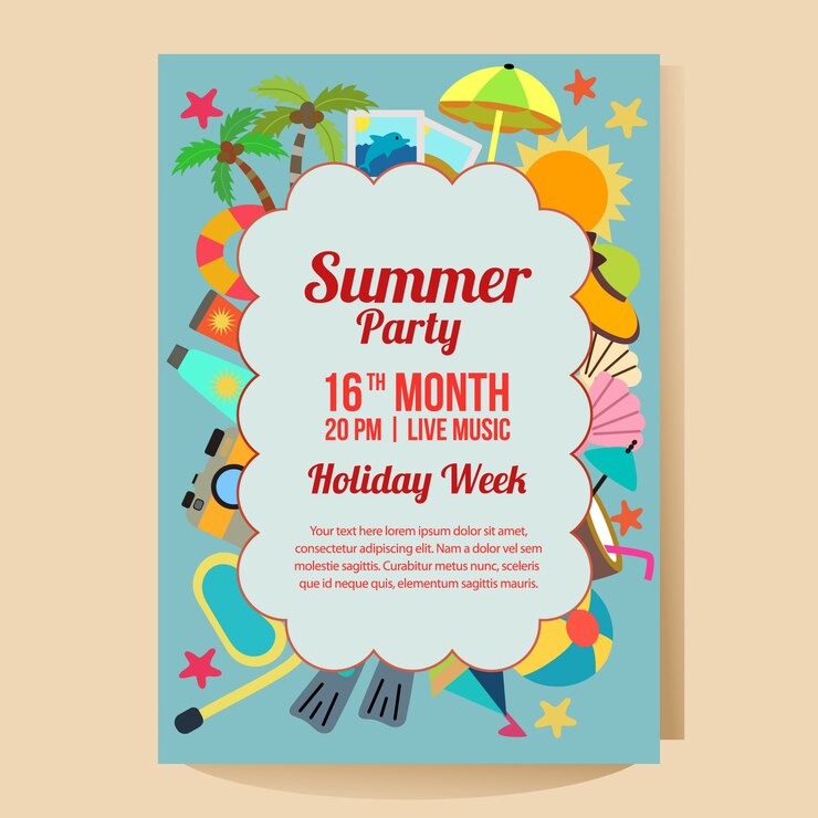 Plantilla de cartel de fiesta de vacaciones de verano con ilustración de vector de estilo plano de tema de playa