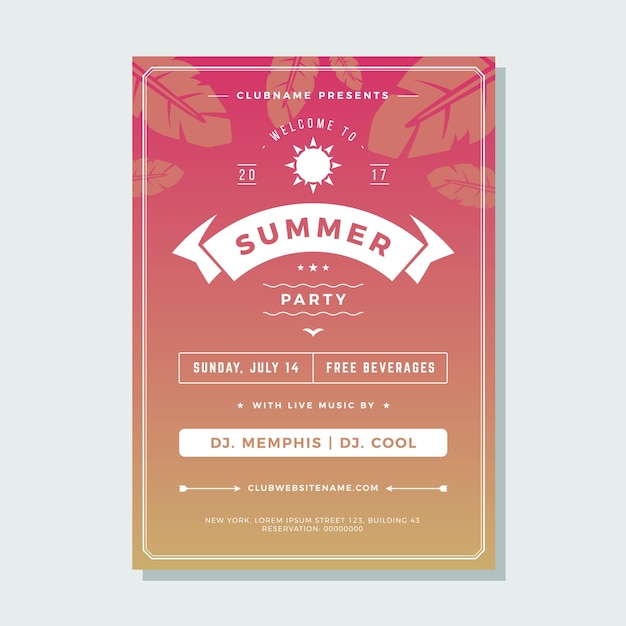 Plantilla de cartel de fiesta de verano dinámico degradado vibrante anuncio de discoteca vector de hojas naturales