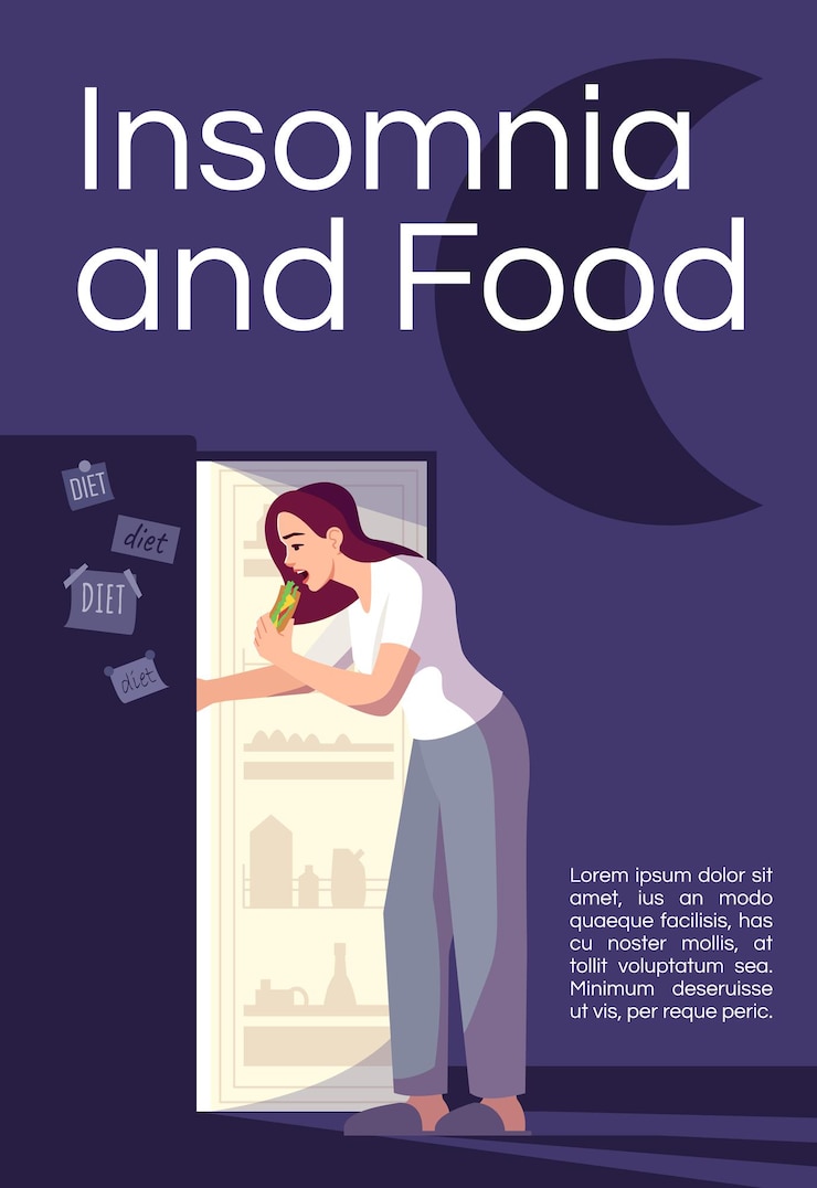 Vector plantilla de cartel de insomnio y comida. salud de la mujer, diseño de volante comercial de alimentación emocional con ilustración semi plana. tarjeta de promoción de dibujos animados de vector de gestión de estrés. invitación publicitaria