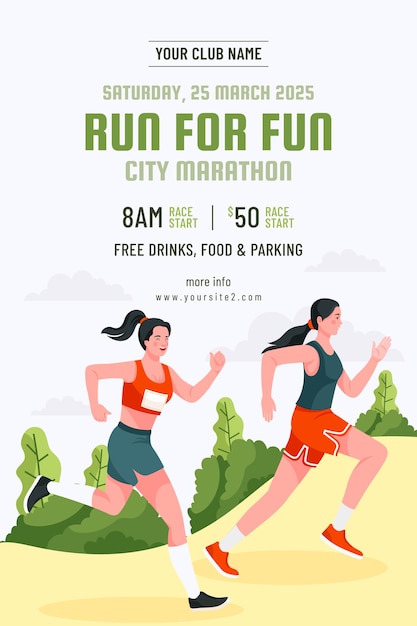 plantilla de cartel de maratón de la ciudad plana dibujada a mano con mujeres corriendo