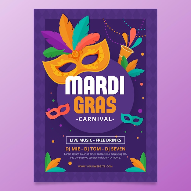 Plantilla de cartel de mardi gras de diseño plano