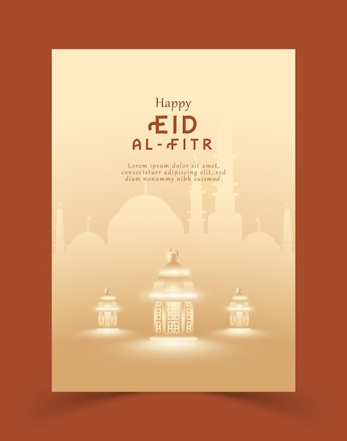 Vector plantilla de cartel o volante feliz eid al fitr con mezquita de silueta de color minimalista de linterna