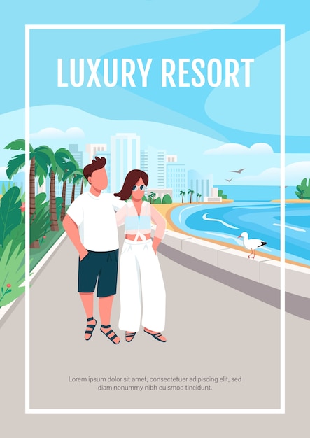 Plantilla de cartel de resort de lujo. pareja de enamorados caminando por el paseo marítimo. folleto, folleto de una página con personajes de dibujos animados. folleto de vacaciones románticas de verano, folleto